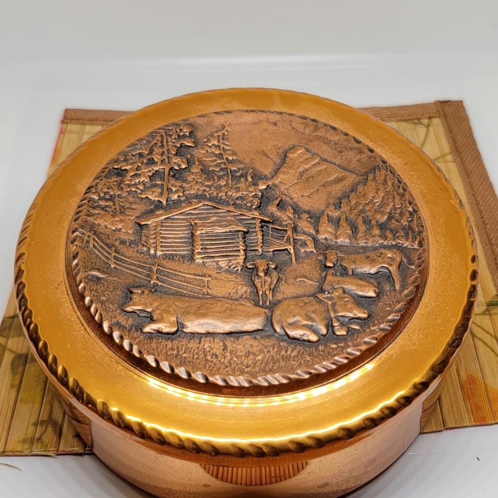 Copper Plated 4" Trinket Box Cows Mountains